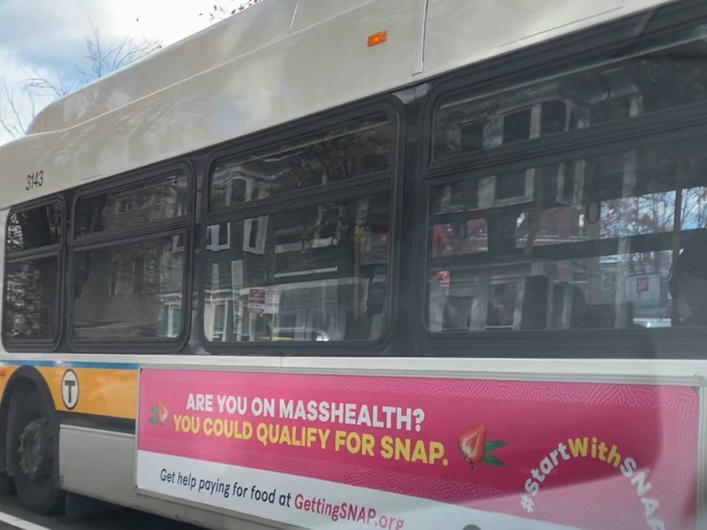 One of the metrics I consider for my time/place-varying measure of Medicaid administrative burden is coordination with non-health programs. Imagine my delight seeing this bus ad for food stamp benefits, targeting folks on MassHealth (Medicaid in MA)…Lowering burden in the wild!