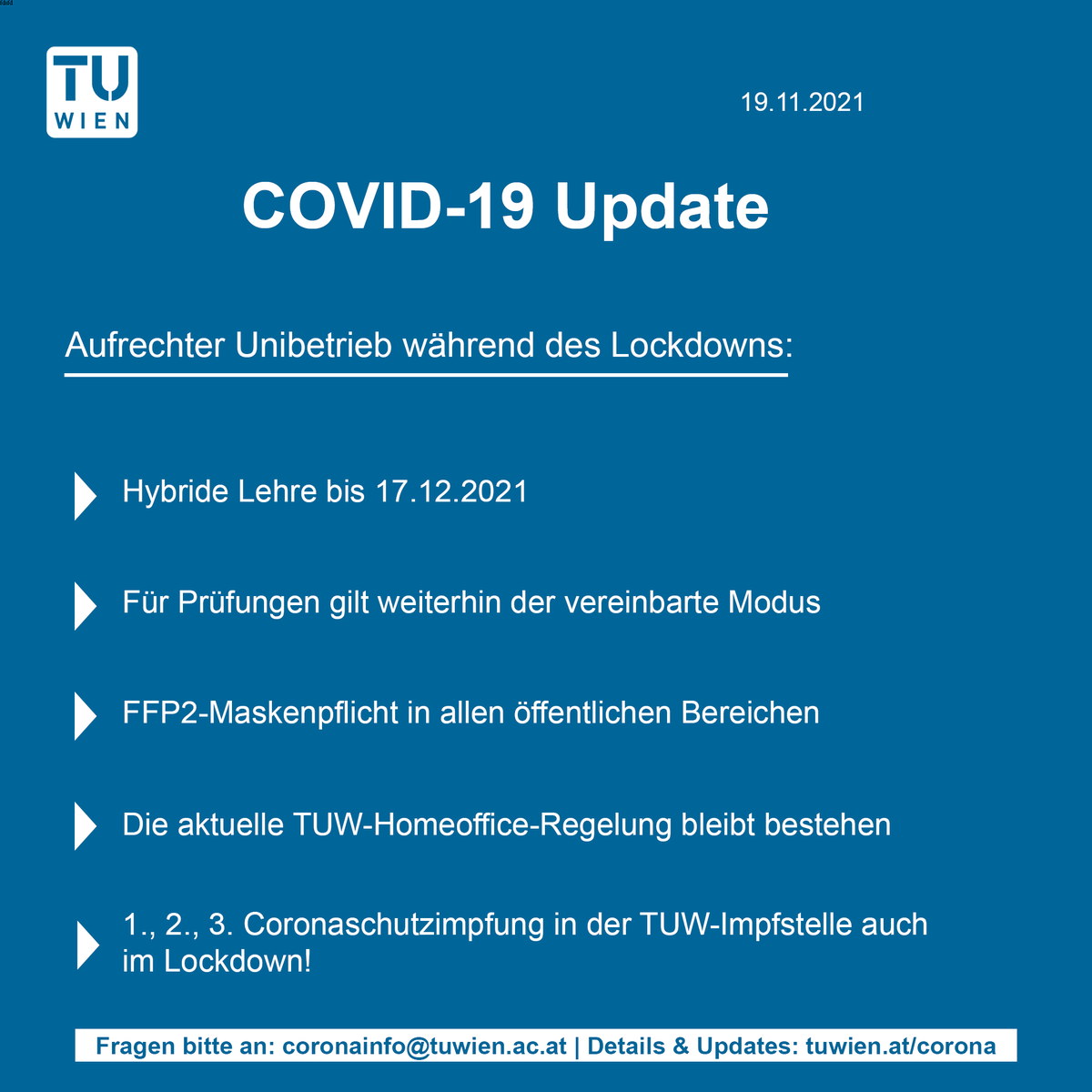 tu_wien's tweet photo. ⚠️ COVID-19–Update: Aufrechter Unibetrieb während des Lockdowns. Die Vorgaben des bundesweiten Lockdowns ab Montag 22. November 2021 wurden mit dem Universitätsbetrieb an der TU Wien abgeglichen. 
ℹ️ Alle Details: https://t.co/v1MBOQzuF1 https://t.co/rI9Fn6UPbq