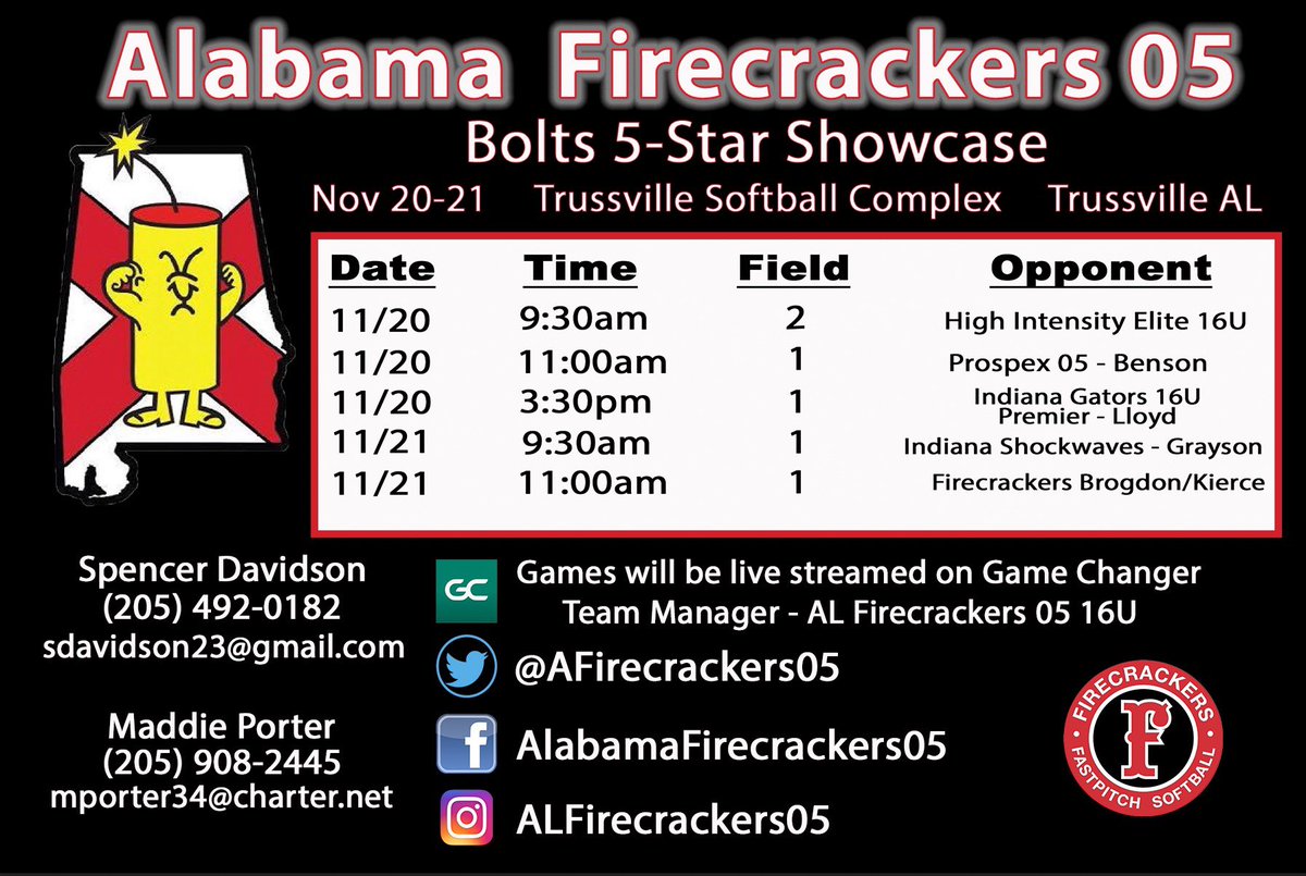 Here is our schedule for <a href="/Tbolts5Star/">Tbolts Fivestar</a> <a href="/TroyTrojansSB/">Troy Softball</a> <a href="/hollyward14/">Holly Ward</a> <a href="/tsmartt14/">Taylor Smartt</a> <a href="/BclarkUSA/">Becky Clark</a> <a href="/hmcampbell12/">Hannah Campbell</a> <a href="/StinaMcC7/">Kristina McCain</a> <a href="/BrandonDuncan5/">Brandon Duncan</a> @Coach2K_Miami <a href="/ChelseaEFarmer/">Chelsea Farmer</a> <a href="/CoachFrankReed/">Frank Reed</a> <a href="/coachK73/">Scottie Kilgore</a> <a href="/cheytwn77/">Cheyanne Tarango-Camp</a> <a href="/JoeGuth08812179/">Joe Guthrie</a> <a href="/SallieB34/">Sallie Beth Burch</a> <a href="/AJDaugherty1/">A.J. Daugherty</a> <a href="/UMobileRams/">University of Mobile Rams Athletics</a> <a href="/CoachKRyman/">Kristin Ryman</a> @AUMsballcoach