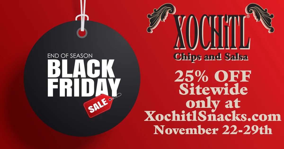 XochitlChips's tweet photo. Xochitl's Black Friday Sale starts on Monday November 22nd and runs through November 29th 25% OFF Sitewide for 7 days only! This offer does not combine with any other offers or discounts. Xo thin Xo Crisp. Xo Good. Xochitl #blackfriday #cybermonday #blackfridaydeals https://t.co/Hpipd5GRcm