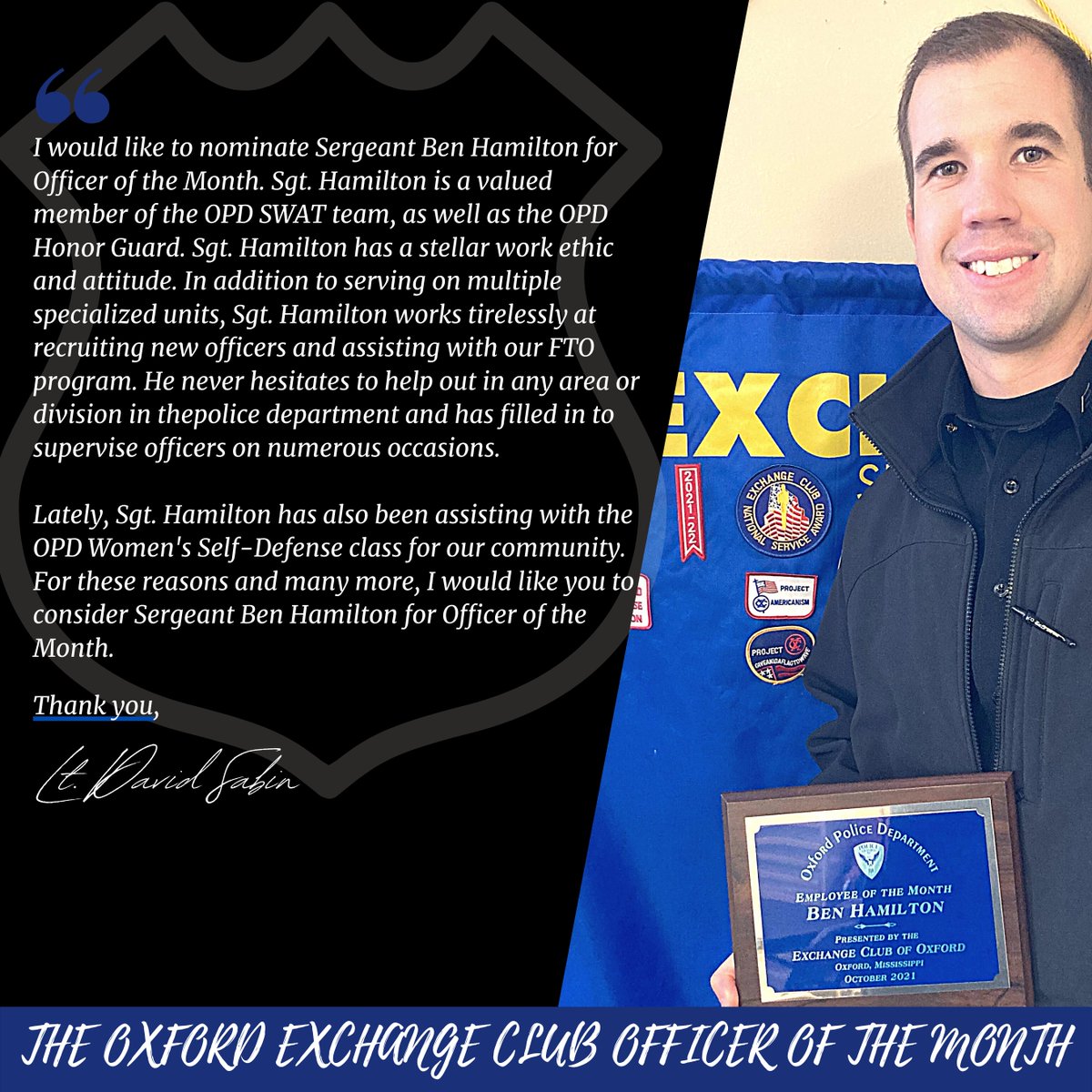 OxfordPolice's tweet photo. Congratulations to Sgt. Hamilton on being named Officer of the Month for October! 👏👏👏 https://t.co/qbYMA4o7i5