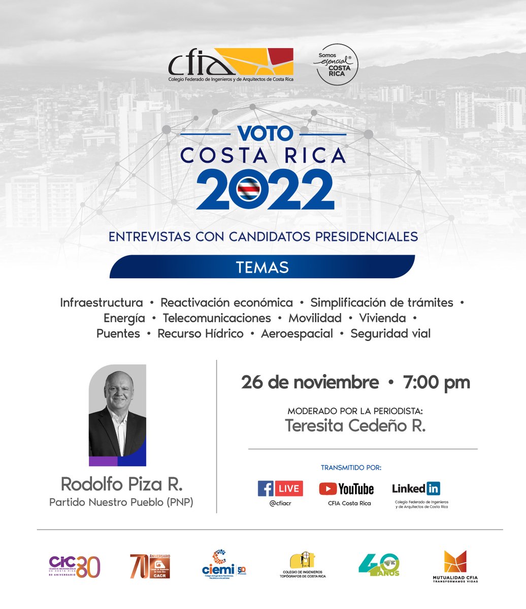 #VotoCostaRica2022 

🇨🇷Entrevistas con Candidatos Presidenciales

📆Viernes 26  de noviembre, 7:00 p.m 

<a href="/Piza2022/">Rodolfo Piza</a>