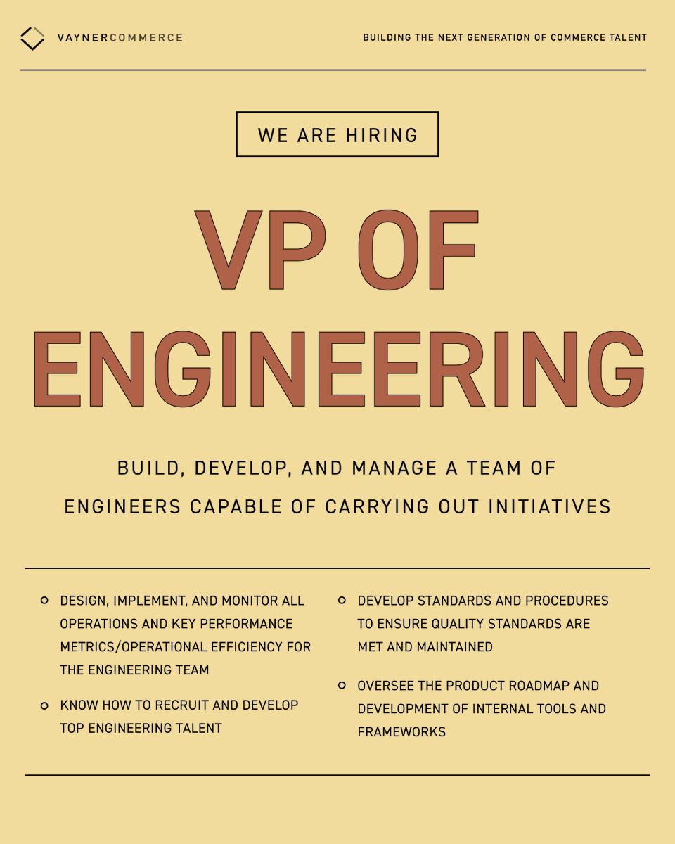 VaynerCommerce's tweet photo. We’re looking for a VP of Engineering to continue scaling our rapidly growing 15+ person tech team. Help lead and guide the vision, process, &amp; execution for how world class software &amp; experiences get built and delivered at VaynerCommerce today: https://t.co/IA22IB2ADW https://t.co/lJt9AzhAEf