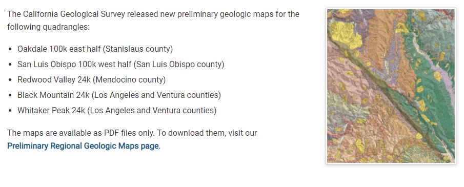 CAGeoSurvey's tweet image. ⛰️🪨⛏️Five NEW geologic maps just released covering areas of Los Angeles, Mendocino, San Luis Obispo, Stanislaus, &amp;amp; Ventura Counties! #geology #geologicmap #map 1/8 
View/download the maps at: conservation.ca.gov/cgs/publicatio…
