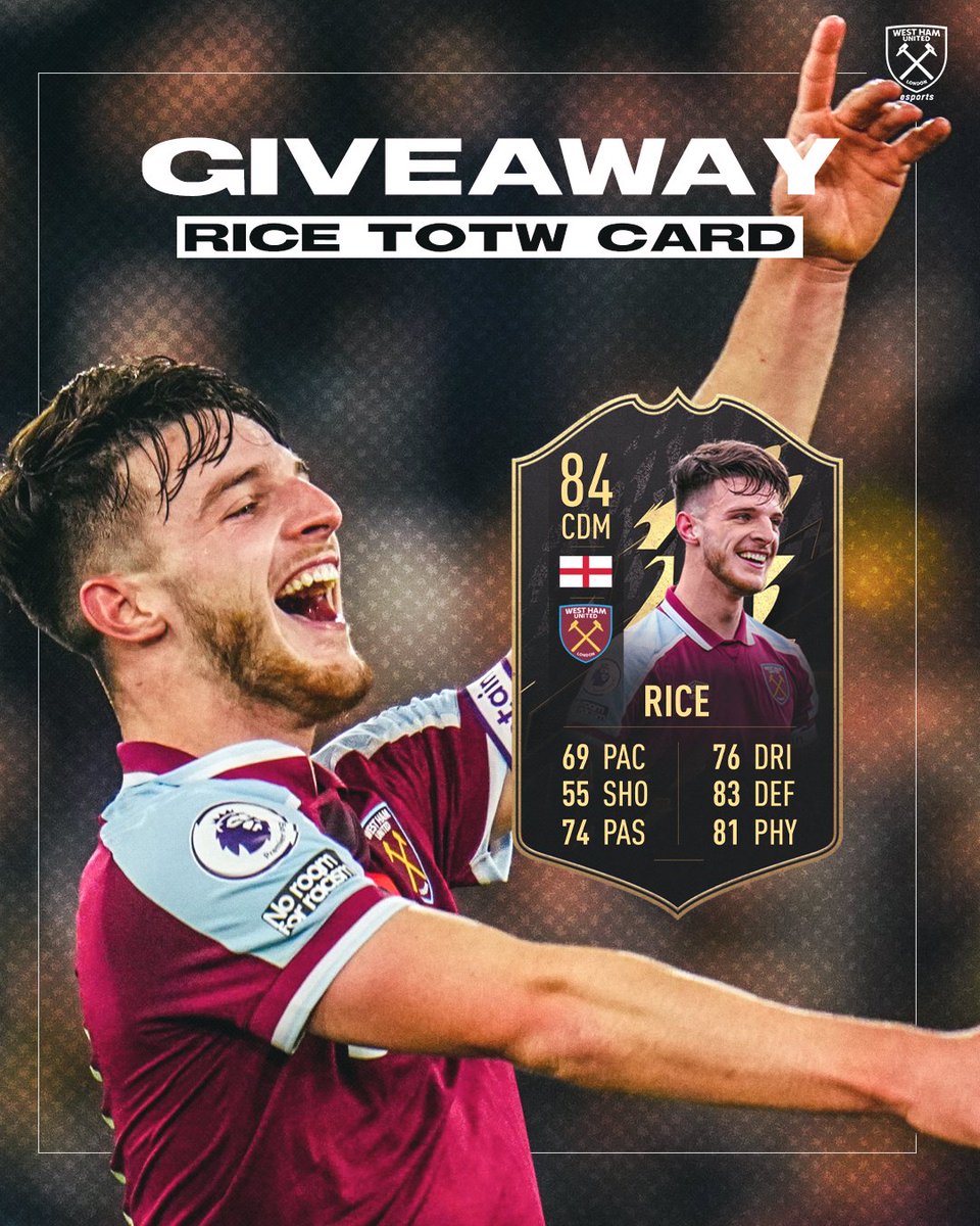 WHUGaming's tweet image. 🚨  WIN A SIGNED @_DeclanRice TOTW CARD! 🤩
 
To enter:
1. Follow @WestHamEsports on Twitter
2. Retweet this tweet

We're also giving one away via @WestHamEsports on Instagram! 👀
 
Winner announced 5pm GMT, Monday 22 November (UK entrants only). #COYI