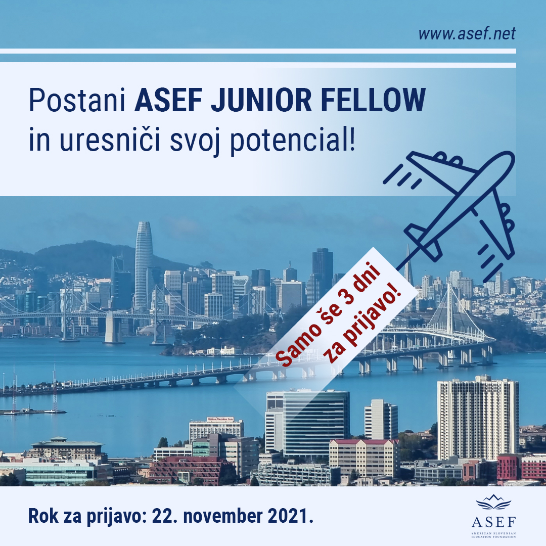 Samo še 3 dni za prijavo na #ASEFJuniorFellowship #ResearchAbroad, ki slovenskim študentom/-kam omogoča 10-tedenski raziskovalni obisk pri slovenskih profesorjih/-icah na svetovno priznanih univerzah po svetu in 3-letno podporo neformalnega izobraževanja. bit.ly/3lR1GwV