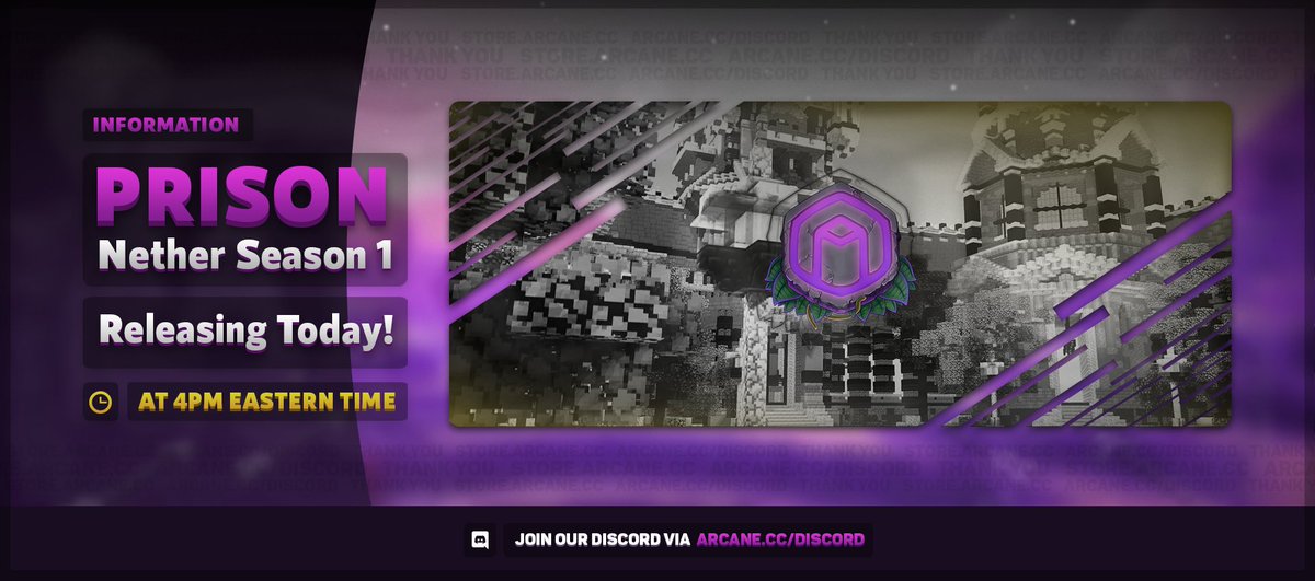 Arcane | Prison Nether Season 1 💜

⛏️ Prison is releasing Today @ 4PM EST!

🎮 Connect via arcane.cc