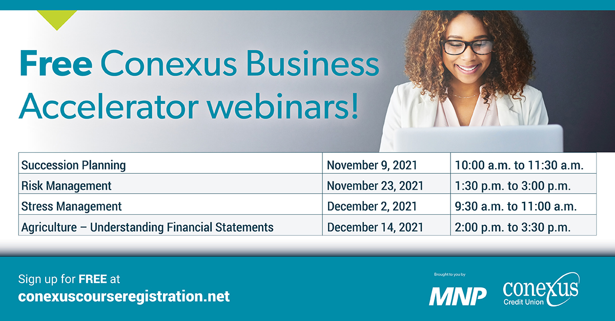 Conexus_CU's tweet photo. We've partnered with @MNP_LLP to provide training tailored for your business with FREE Conexus Business Accelerator courses. They're online so you can learn from anywhere!

Check out what we have planned for Nov and Dec and visit the link to register: https://t.co/Ikq9nhyAHL https://t.co/NfqpfBkP1T