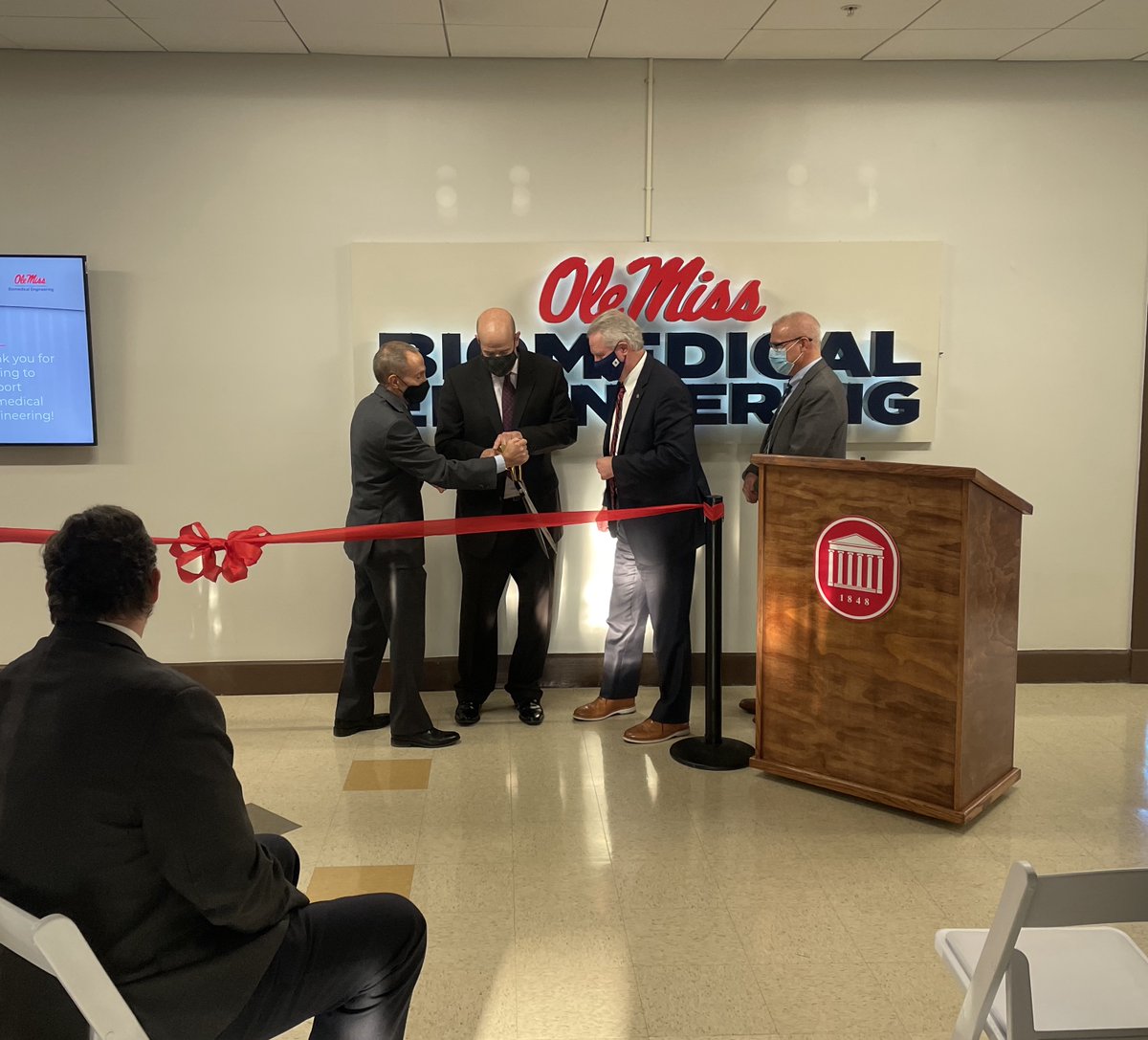 UnivMSProvost's tweet photo. Thrilled to witness the ribbon cutting for the expansion of the University of Mississippi's Department of Biomedical Engineering. Thank you to Dr. Waddell, Dean Puleo, Chancellor Boyce, the amazing faculty, the students, the staff and the supporters who made it happen. https://t.co/1ifVFCwjXD