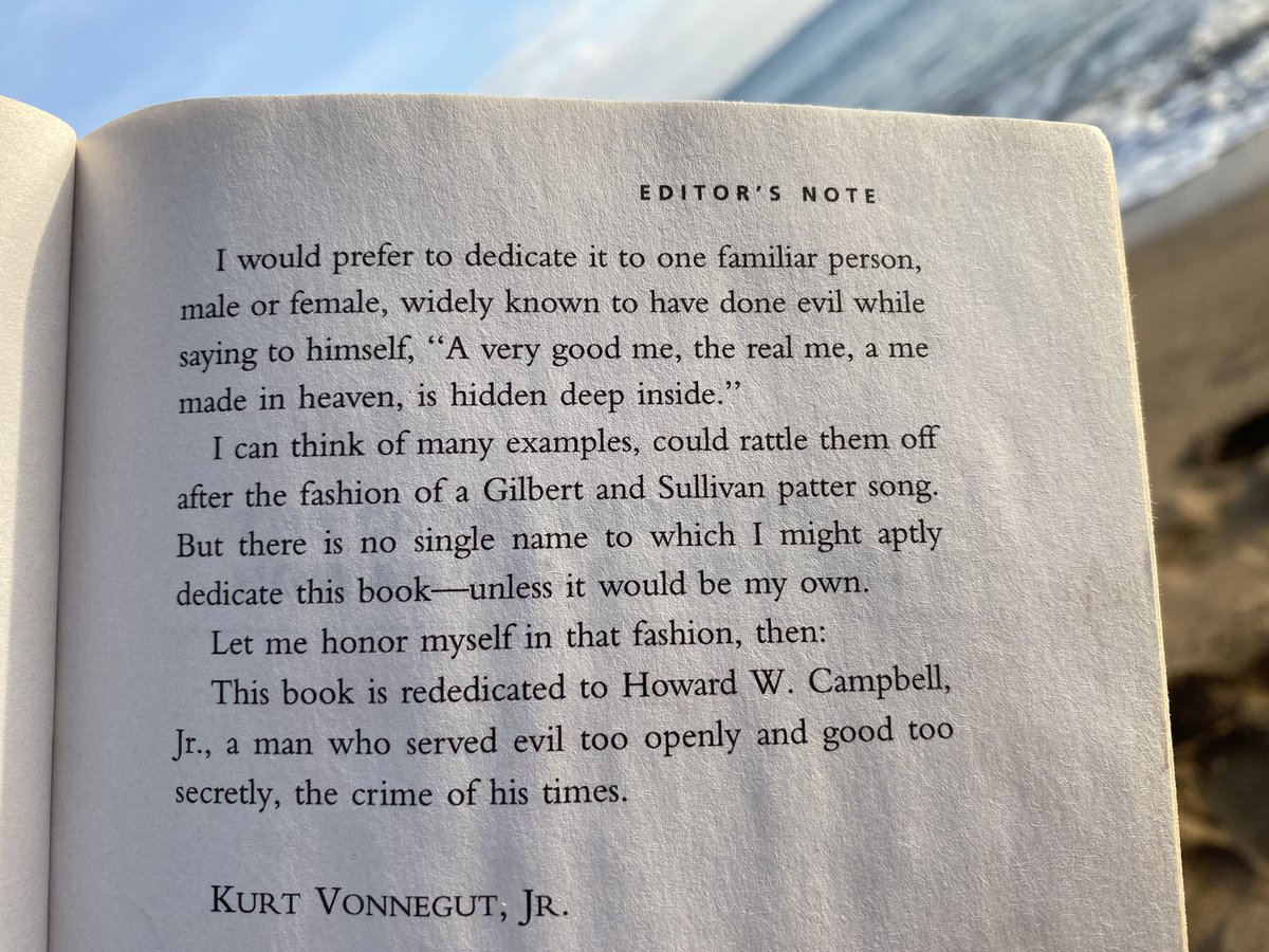 “I would prefer to dedicate it to one familiar person, male or female, widely known to have done evil while saying to himself, “A very good me, the real me, a me made in heaven, is hidden deep inside.” 
Kurt Vonnegut, Jr.
