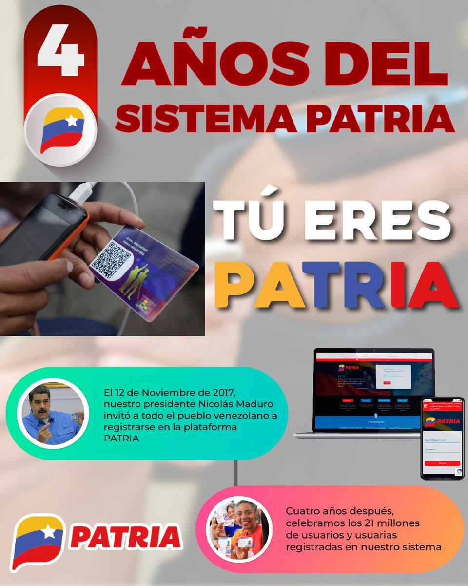 Junto a los 21 millones de usuarios y usuarias, este mes, celebramos 4 años del #SistemaPatria, creado por nuestro Presidente @NicolasMaduro para proteger y dar un abrazo amoroso al pueblo venezolano. #TúEresPatria #VenezuelaRecordEnVivienda #19Nov