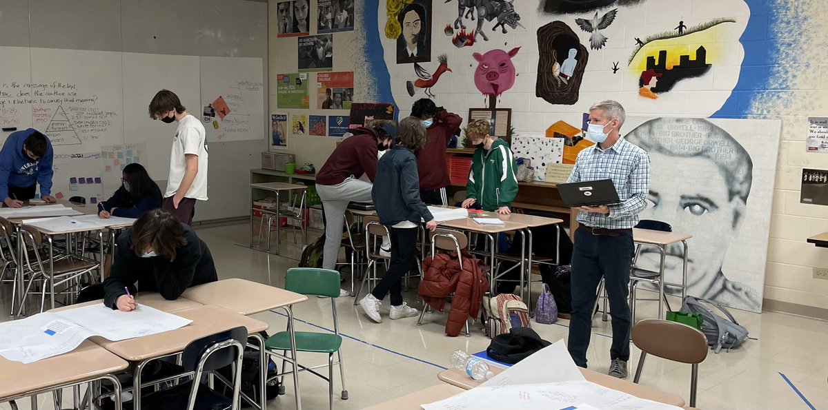 KevinPoduska's tweet photo. Juniors generating their own inquiries, sharing their thinking, and responding to peers through “silent discussion.”  Great critical thinking practice thru quitable “same volume” dialogue! #ThisisYork #ForwardTogetherD205 #YorkInterD @rmckinney13 @ckrunning @ajroub @shahebags https://t.co/LC6eBn47DH