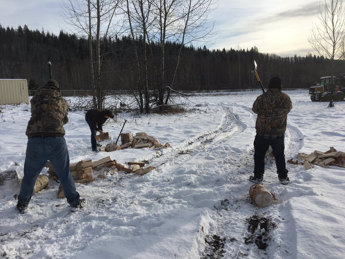 DeadPine57's tweet photo. Dead Pine Collective organized w/ Andrew Davis @CanforCorp to have a log truck load of birch firewood delivered 2 Lheidli @ Shelley. @dptstrojans &amp; Justin w/ 2 @EaglePgss bucked and split for 4hrs. Back another day 2 finish. @pamelaspooner77 @SD57PG @SD57Indigenous @Stephymarie33 https://t.co/b6jFDIjA3N