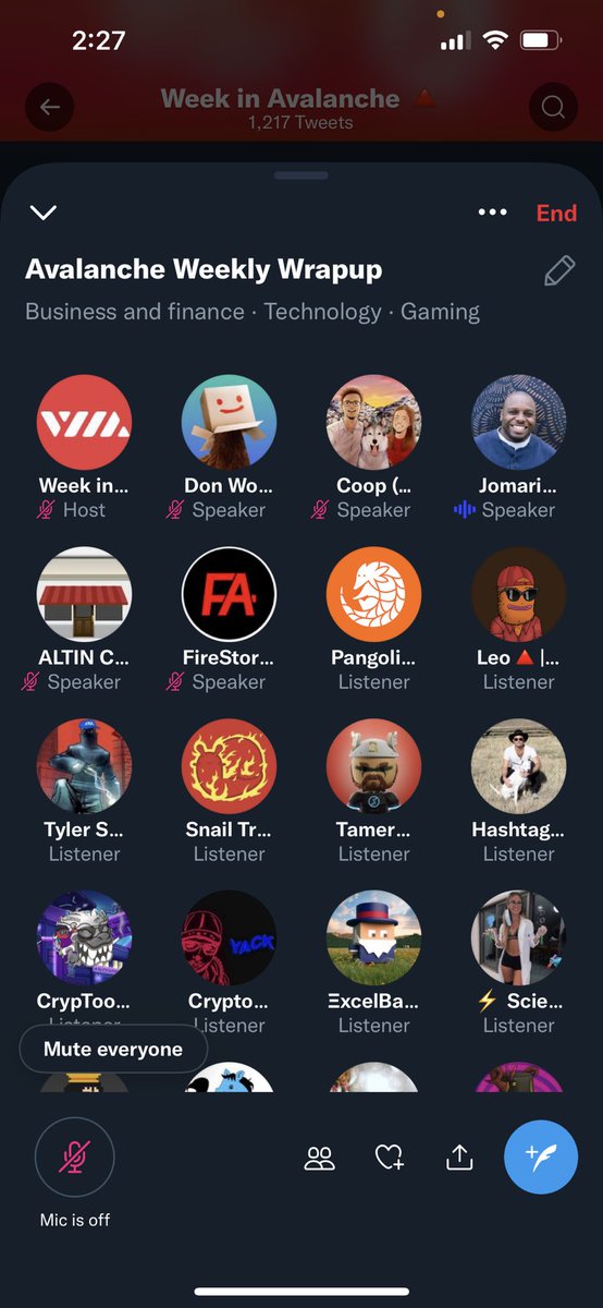Great chat with some #Avalanche OG’s and community members today 🔺 We talked about #Avalanche summit, @PlayCrabada, @Talecraftio, @SnowdogDAO, @AxialDeFi, @apa_nft , @BenqiFinance, and much more! See you all next week 👋