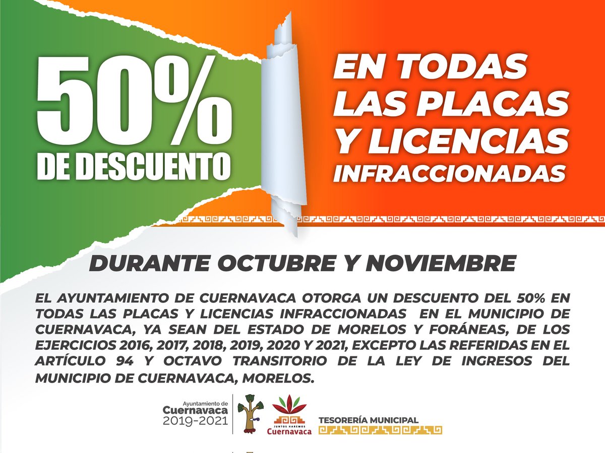 CuernavacaGob's tweet photo. Aprovecha los descuentos que la Tesorería del Ayuntamiento de Cuernavaca, tiene para ti. https://t.co/syOVg3enpK