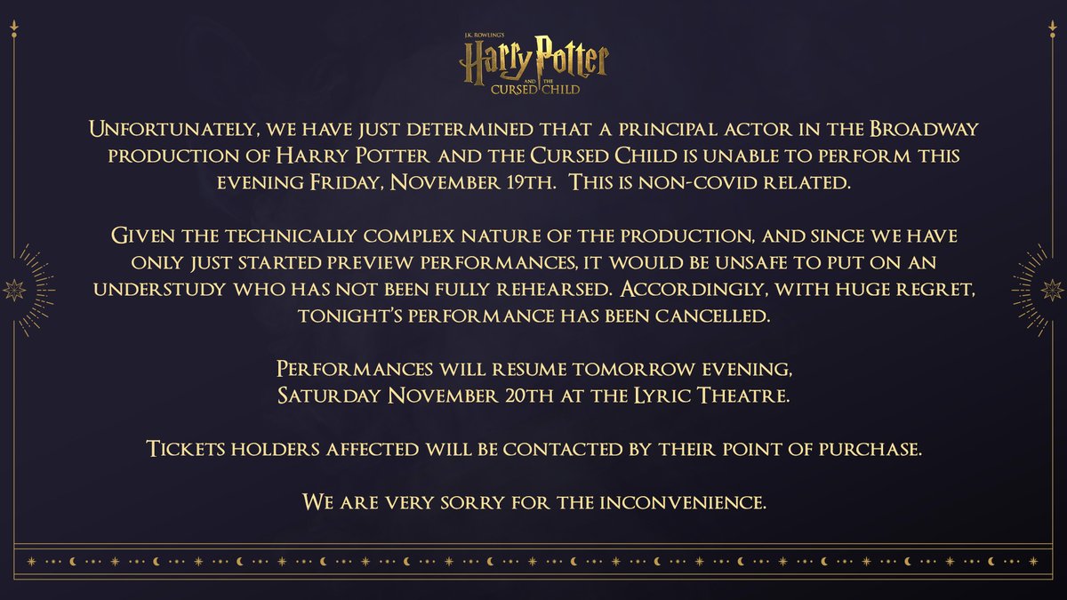 A message from the Broadway production of Harry Potter and the Cursed Child.