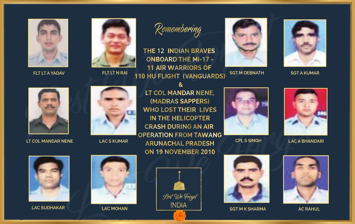 ESMTriservices's tweet photo. Eleven Yrs ago On This Day 19 Nov 2010, TWELVE Indian Braves of Indian Air Force &amp; Indian Army lost their lives in a Mi-17 Helicopter crash during an air maintenance sortie near Tawang, Arunachal Pradesh
Their service &amp; supreme sacrifice remains etched forever.
@ESMTriservices https://t.co/2oGWePBtJK