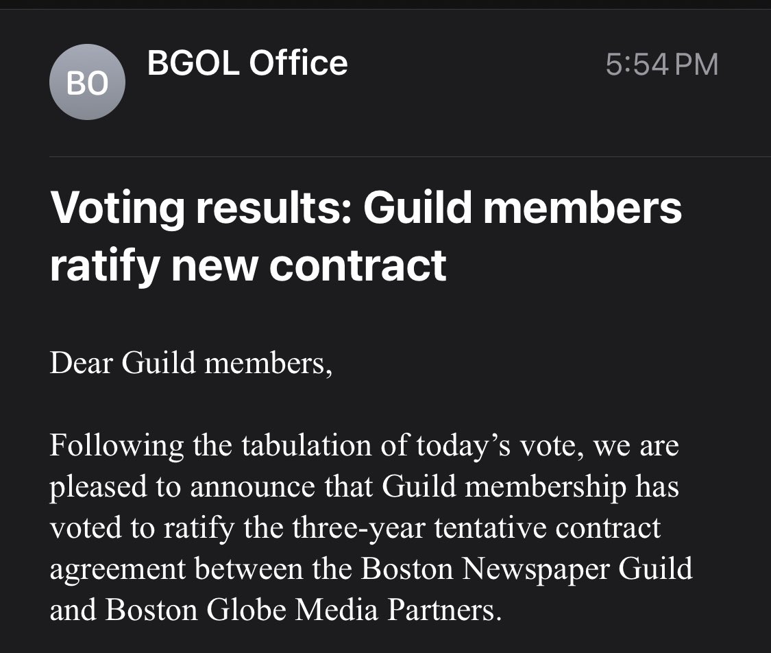 So thankful that we’re finally here. 

And beyond grateful to <a href="/NYTimesCramer/">Maria Cramer</a> <a href="/mrochele/">Matt Rocheleau</a> <a href="/vgmac/">Victoria McGrane</a> @jrussglobe <a href="/kslane/">Kevin Slane</a>, Scott Steves and the <a href="/BostonNewsGuild/">Boston Newspaper Guild</a> action committee for getting us there. #UnionStrong