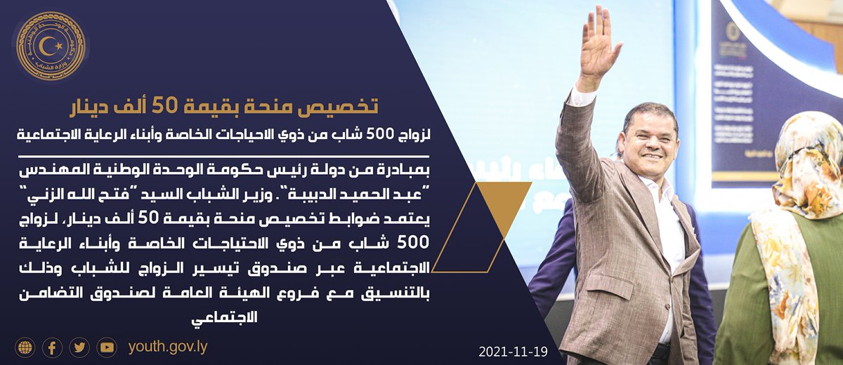 youthgovly's tweet photo. بمبادرة من دولة رئيس حكومة الوحدة الوطنية المهندس عبد الحميد الدبيبة. وزير الشباب السيد "فتح الله الزني" يعتمد ضوابط تخصيص منحة بقيمة 50 ألف دينار لتيسير زواج لمصلحة 500 شاب من ذوي الاحتياجات الخاصة وأبناء الرعاية الاجتماعية
#حكومتنا #ليبيا https://t.co/h9aTmsJU5a