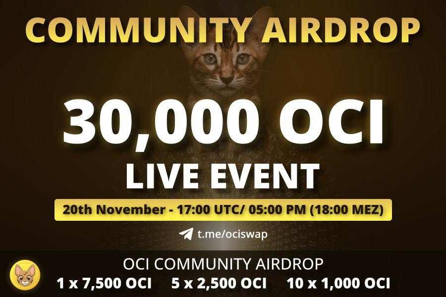 🔥 Community airdrop on Saturday 20th November at 5pm UTC! This event is a Telegram live event & be online to participate 🙀 There is a total of 30k OCI to win! 1 x 7,500 OCI 5 x 2,500 OCI 10 x 1,000 OCI Be fully concentrated & ready at any time 🐈 t.me/ociswap