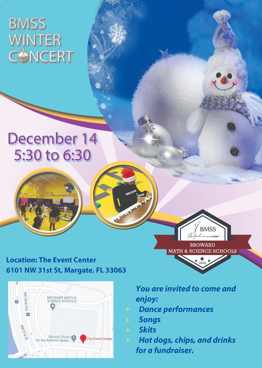 BrowardMathSci's tweet photo. We had so much fun at our BMSS Thanksgiving Family Night, we couldn't wait another moment to invite you to the BMSS Winter Concert. We hope to see you there! There will be music, dances, skits, and a winter wonderland! Join us at The Event Center. https://t.co/tJbJI30Wi5