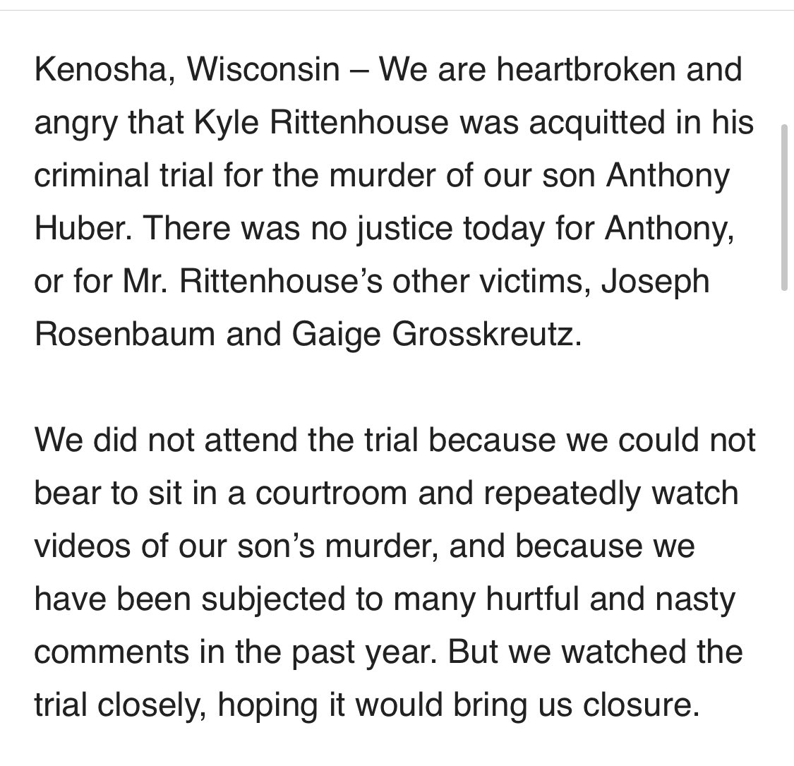 SpectrumNews1WI's tweet photo. A statement from Anthony Huber's family in light of the not guilty verdict in the #RittenhouseTrial.

Get updates here: https://t.co/WT3HG3mXtw https://t.co/z735UYPmS8