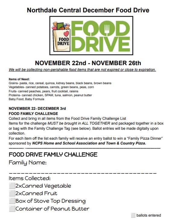 Northdale Central annual food drive will run from November 22 - November 26, 2021. We appreciate your ongoing support for our community.