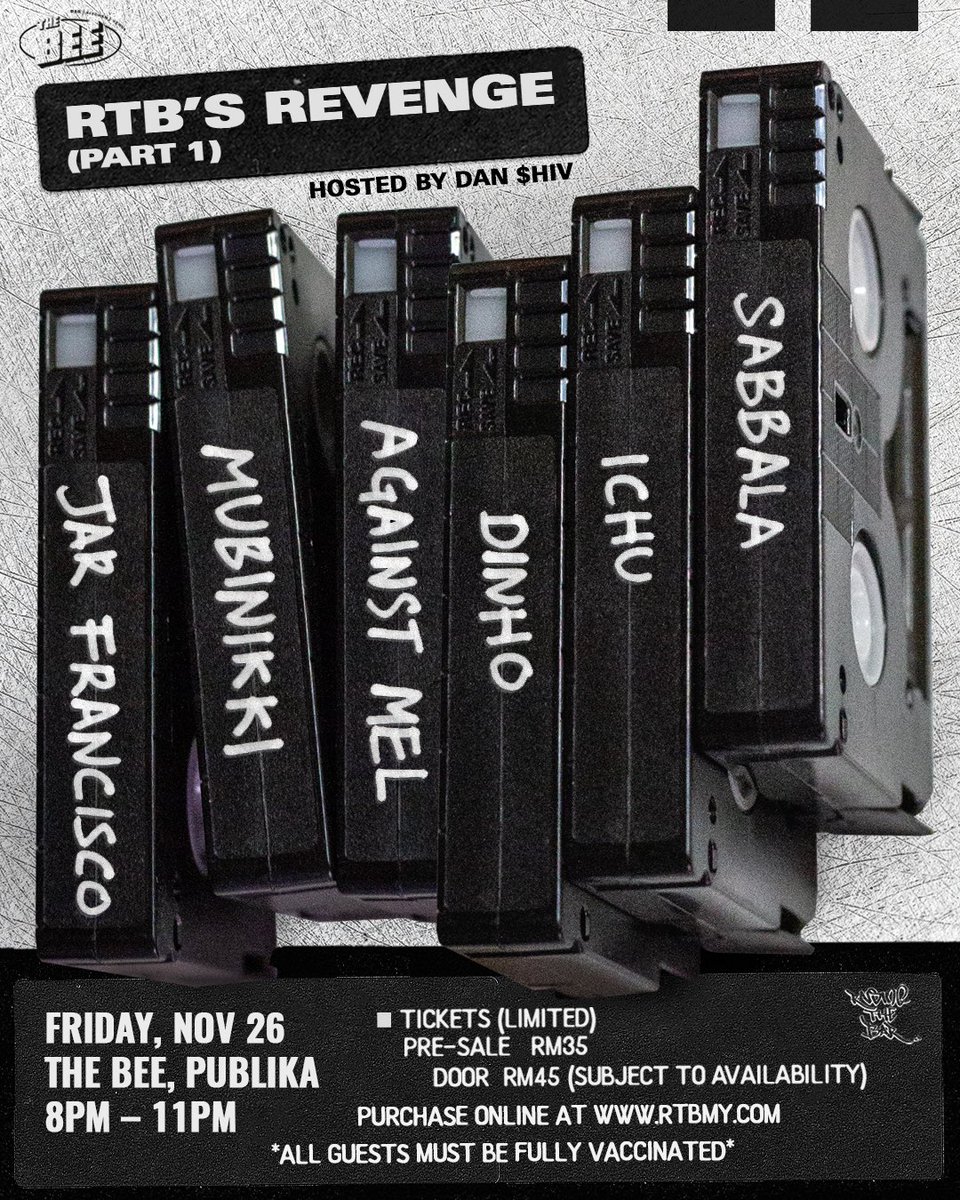 Jenn_Thompson's tweet photo. #ONGROUND LIVE : @RTBMY presents RTB'S REVENGE (PART 1) ft. #JarFrancisco @MubinIkki #AgainstMel @champagnebaldi (dinho) @ichusmind #Sabbala
at The Bee, Lot 36B, Block C, Publika, Solaris Dutamas, #KL
FRIDAY November26 8-11pm
TICKETS HERE : https://t.co/bPVHNqxw1l https://t.co/CQD0N6ch6D