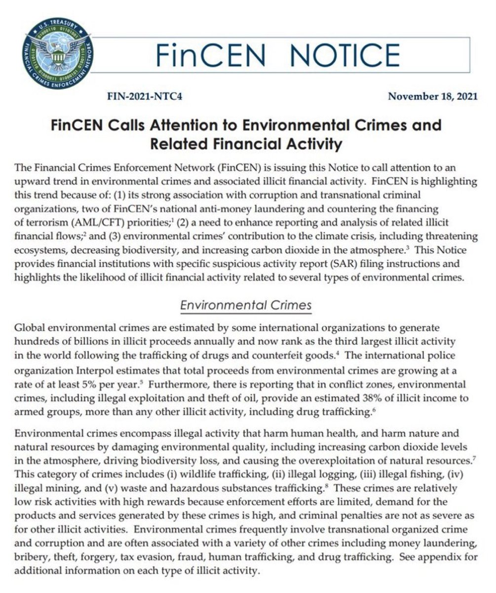 Happy Friday, y’all. 

Good to see @FinCrimeEdu update the public around climate crimes and the financial crimes that enable their destruction of earth. 

If we’re gonna decarbonize, we gotta cut off the criminals revenue chains, first. 

fincen.gov/sites/default/…