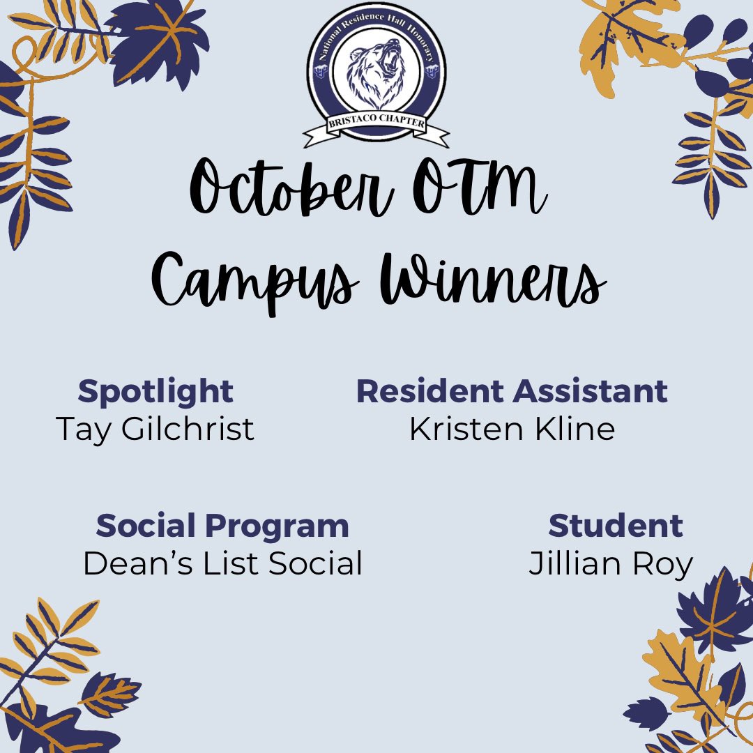 NRHHBSU's tweet photo. Here are our winners for October’s “Of The Month” awards! Congratulations, and thank you for your service to the BSU community!! 🐻💙🤍 https://t.co/j5N8cODg2Q
