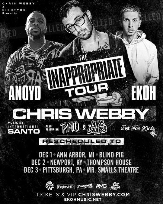ChrisWebby's tweet image. The rescheduled dates of the #InappropriateTour and the 11th Annual Black Friday show in CT are all coming up extremely soon, let’s get it !!

TIX : ChrisWebby.com/Tour 🙏🏻🕸