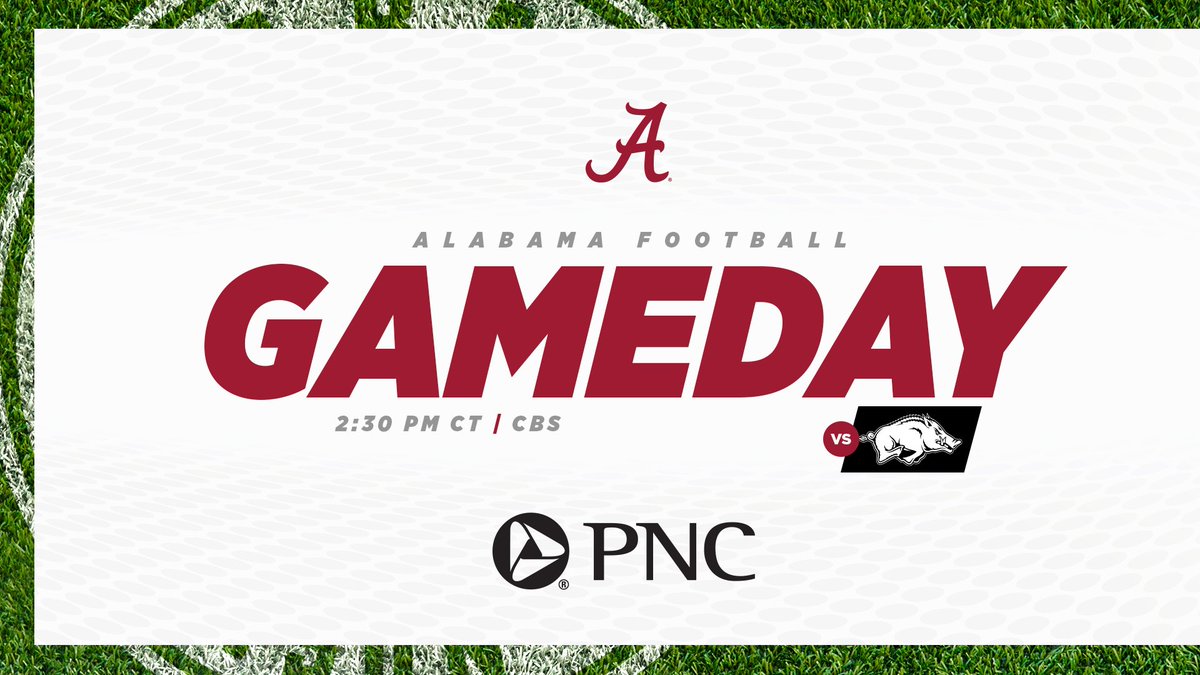 Roll Tide it's Gameday! <a href="/AlabamaFTBL/">Alabama Football</a> takes on Arkansas this afternoon on CBS.

🕝 2:30 PM/CT
📍 Bryant-Denny Stadium
📺 CBS

#RollTide #BamaGameday