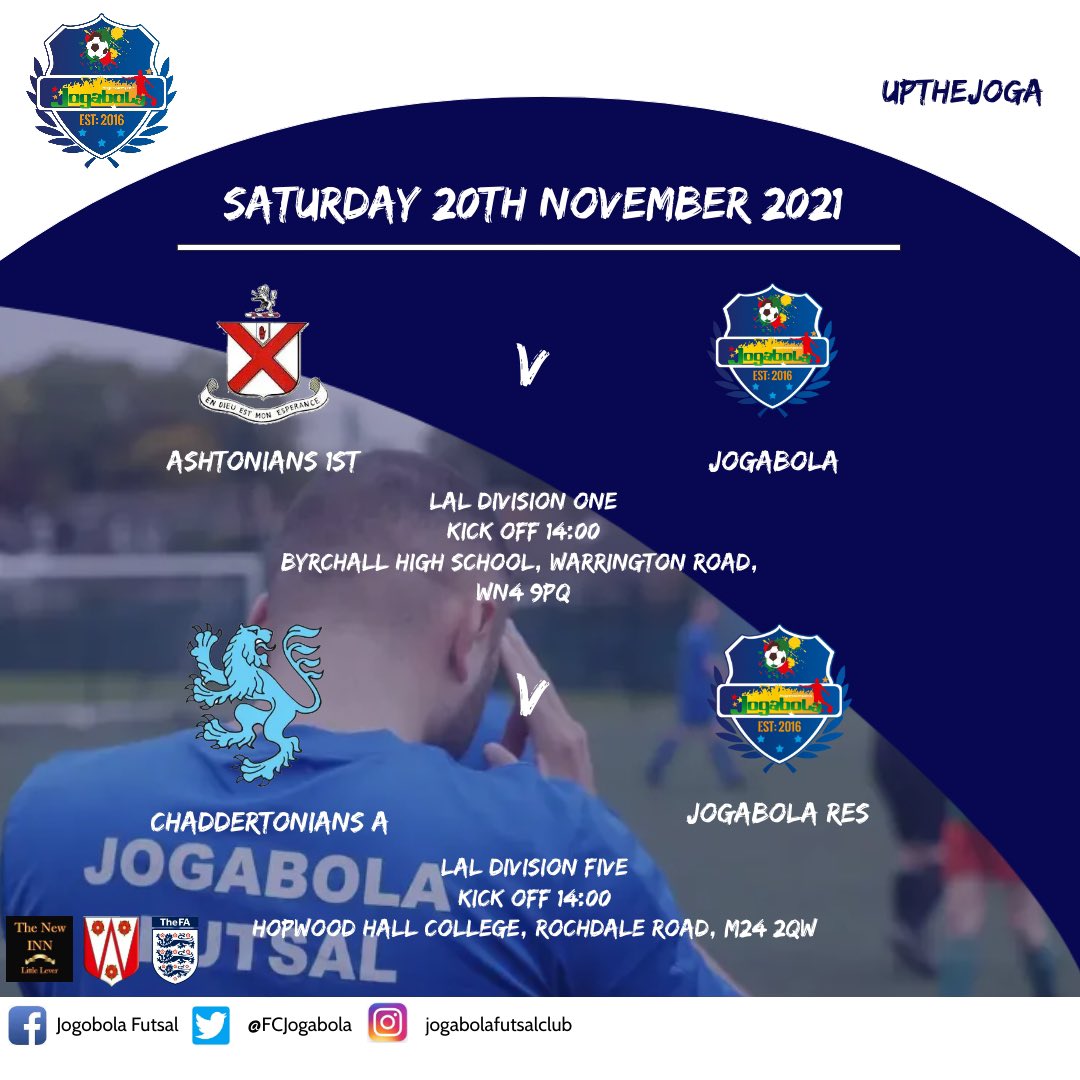 Saturdays Fixtures

Both teams on the road this weekend as our first team face a tough test as they travel to 3rd place <a href="/AshtoniansFooty/">Ashtonians</a> 

While our reserves look to get back to winning ways as they travel to <a href="/chaddertonians/">Chaddertonians AFC</a> A Team 

#UTJ 🔵