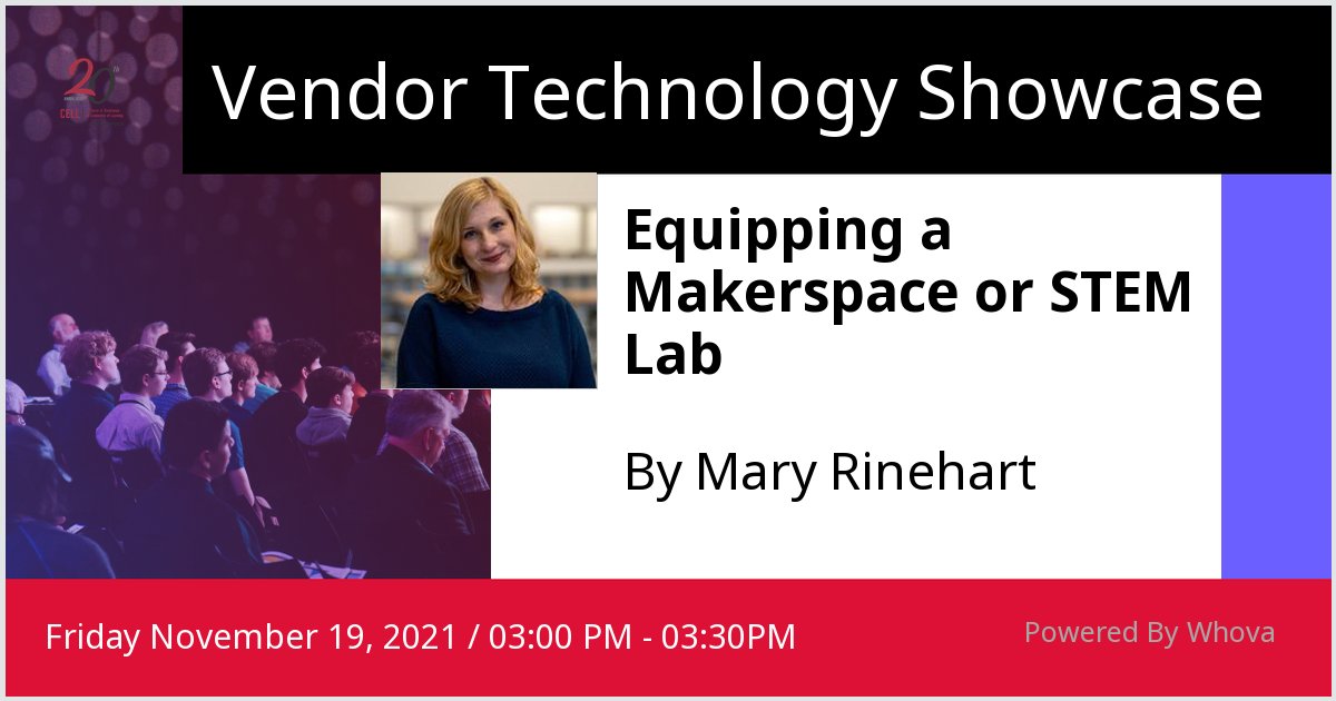 MakerspaceMary's tweet photo. I am speaking at Vendor Technology Showcase. Please check out my talk if you're attending the event! @CELLuindy - via #Whova event app @1stmakerspace #makersgonnamake https://t.co/BjEb3dGJfa