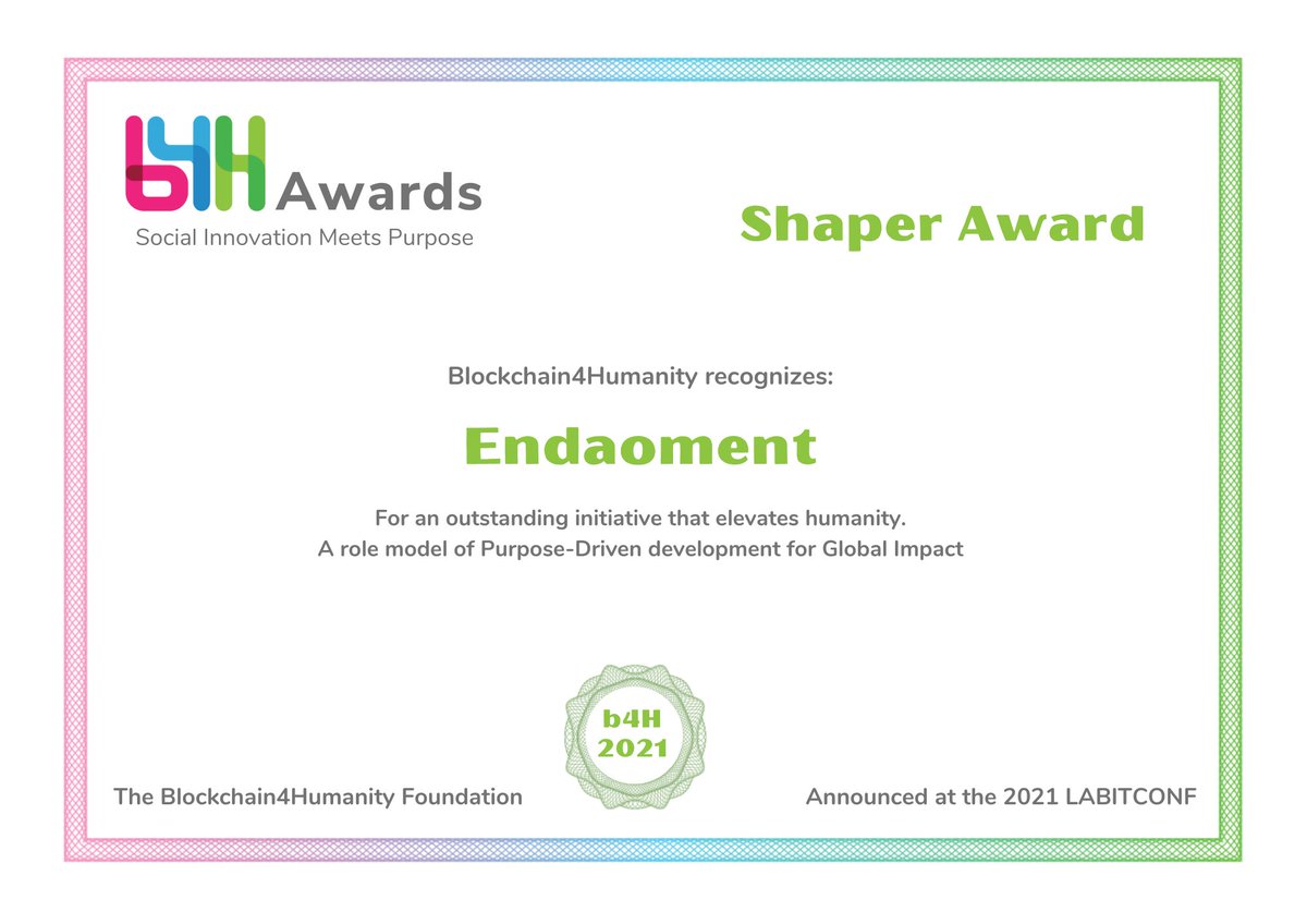 b4_humanity's tweet photo. We are honored to recognize @endaomentdotorg with the Shaper Award 2021! Their work of encouraging the adoption of cryptocurrencies by NGOs is an inspiration to us! #b4h2021Awards #LABITCONF https://t.co/6N5HkxKfGl