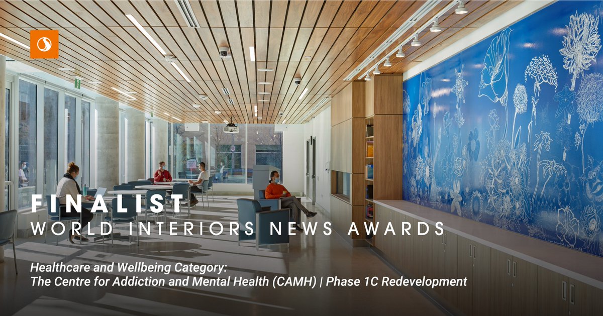 croz0704's tweet photo. The Centre for Addiction and Mental Health (CAMH) Phase 1C normalizes mental health treatment in an urban setting. We are #StantecProud to be named a finalist the @WInteriorsNews award in #Healthcare &amp; #Wellbeing. #WINawards21 #StantecHealth https://t.co/ez8LyQfgfE