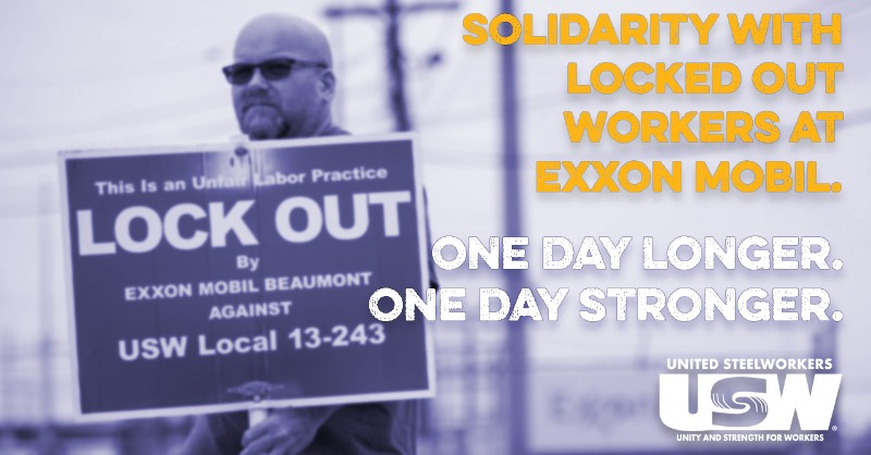 steelworkers's tweet photo. Awesome - @ExxonMobilBTA is rewarding our hard work & sacrifice by forcing @USWLu13-243 off our jobs in a #ULPLockOut while we’ve kept them making BILLIONS instead of a #FairContract #OneDayLonger https://t.co/XUZZVqsd8H