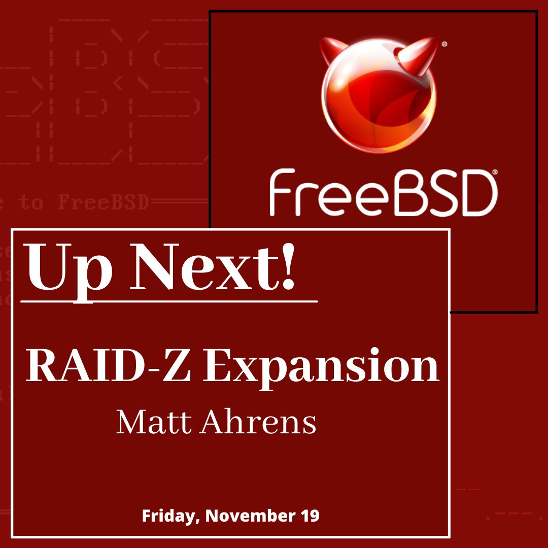 Coming up in 10 minutes! Join us for a look at RAID-Z Expansion with <a href="/mahrens1/">Matthew Ahrens</a>. Watch live here! youtube.com/watch?v=FHtfFW…