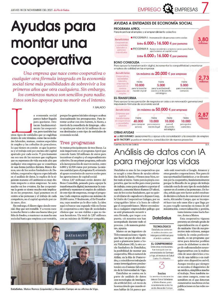 eusumogal's tweet photo. 📰 A #economíasocial, no especial sobre emprego publicado polo xornal @lavozdegalicia: falan sobre o cooperativismo e tamén dos centros especiais de emprego, cos exemplos da cooperativa #Datasalus e o CEE Trameve
👉🎯 Na #economíasocial, as persoas están no centro! https://t.co/IAT4WnNCOG