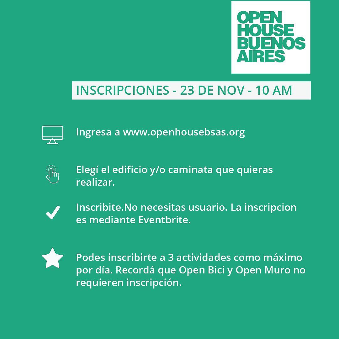 openhousebsas's tweet photo. A partir del MARTES 23 DE NOVIEMBRE a las 10 AM se habilita la inscripción a CAMINA BSAS y Edificios.
Ingresá a https://t.co/2wNmcsuZBu y
elegí el EDIFICIO Y/O CAMINATA que quieras realizar.
#ohbsas
#openhousebsas
#buenosaires
#caminabsas
#openbici
#openmuro
#openfoto https://t.co/e7nmZUBm7z