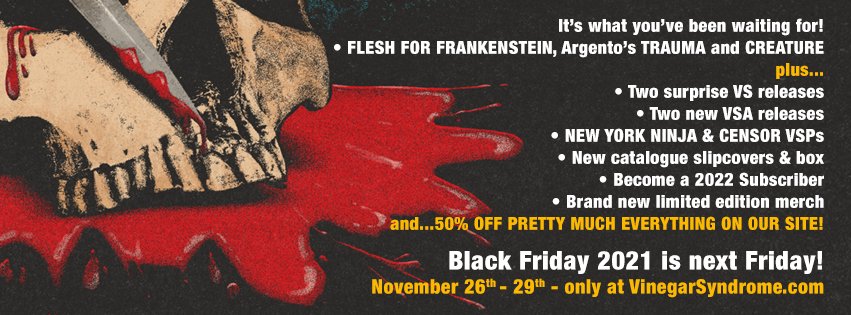 Just one more week until Black Friday 2021 at VinegarSyndrome.com! Share and/or reply to this tweet for a chance to win $25 BF coupons + a handful of OOP slipcovers from years past! We'll pick random winners next week. Read the entire post on our FB or Instagram accounts!