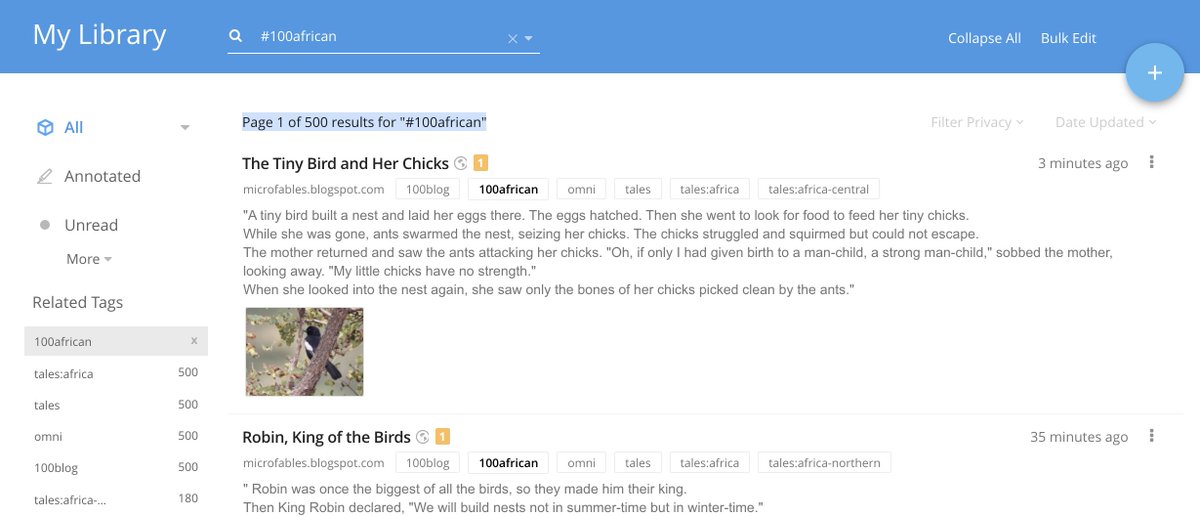 OnlineCrsLady's tweet image. I bookmark each 100-word story I write at Diigo, capturing the text; that lets me use Diigo to search all the stories.
and today I hit a nice big number: 500 African folktales! whoo-hoo!
they're all at Diigo; each title links to blog post :-)
diigo.com/user/laurakgib…

#OpenWriting