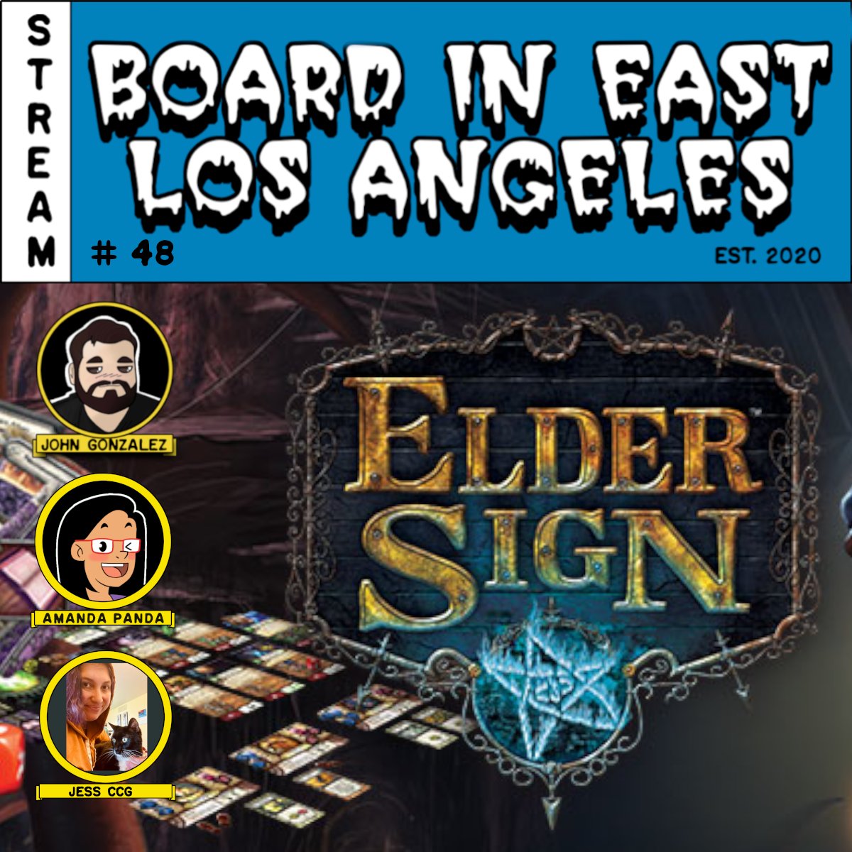 Join <a href="/bookofnerds/">John Gonzalez</a> and <a href="/Panda8ngel/">Amanda Panda 🐼 😴</a> as they welcome their special guest @chixcangame for a game of Elder Sign! Will our intrepid investigators intercept the illicit incantations invoking ancient ones? Tune in at 12pm PDT  to find out! twitch.tv/bookofnerds