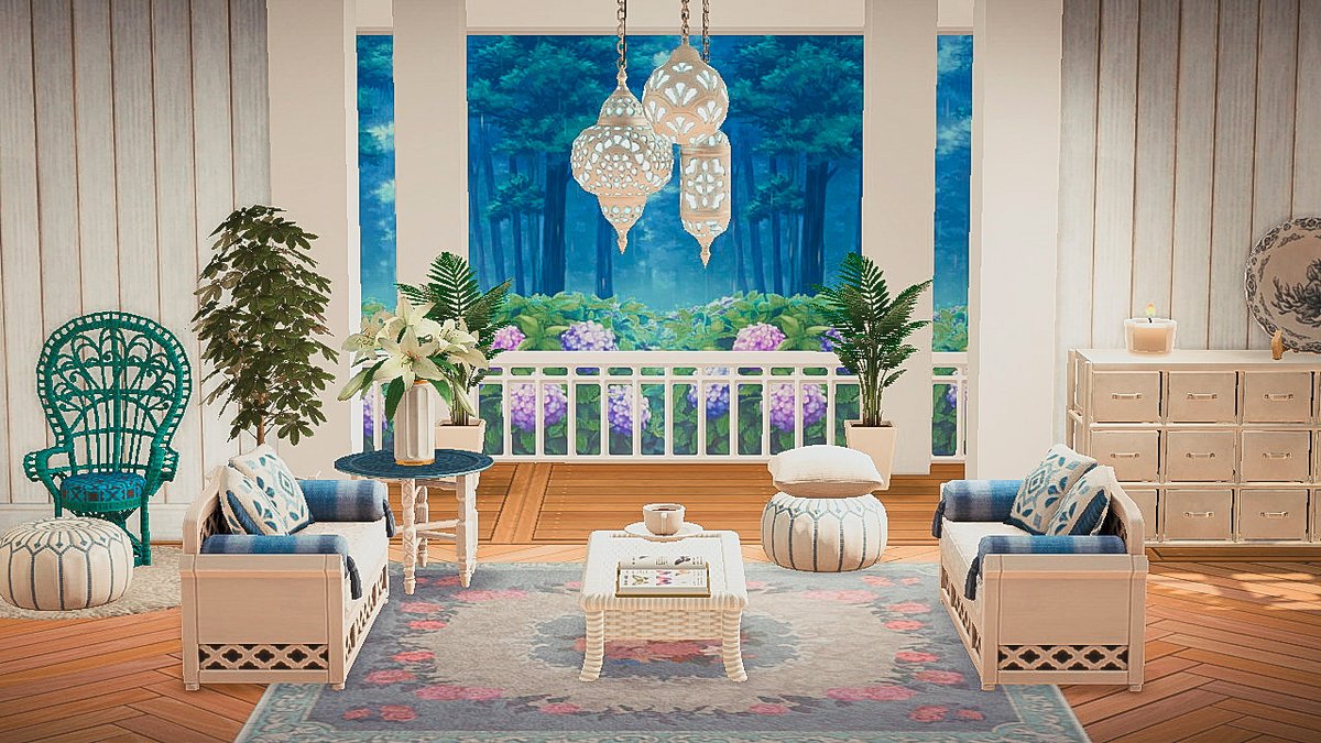 tropikitch's tweet photo. Living room and balcony 
#ACNH  #ACNHDesign #acnhinspo #AnimalCrossing https://t.co/pTccqHai74