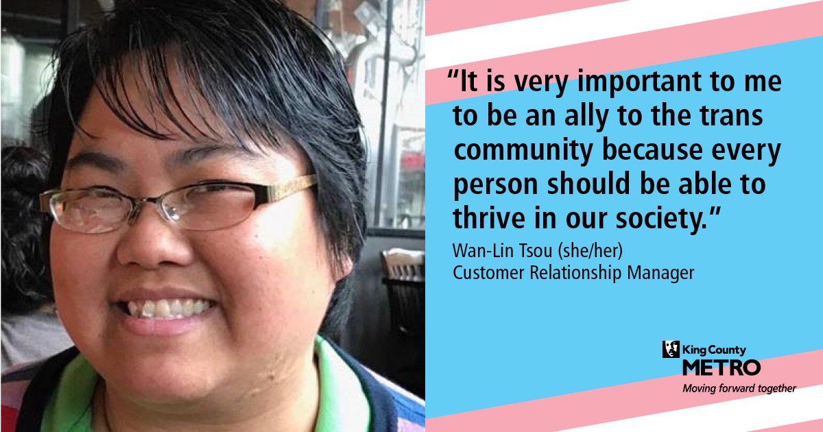 KingCountyMetro's tweet photo. Metro is celebrating #TransgenderAwarnessWeek by adopting new policies to support the workplace needs of transgender and gender diverse employees.
Hear what Transgender Awareness Week means to our employees and learn more about new policies on our blog.
https://t.co/ArMCtwzTkm https://t.co/3vePtEMbCp