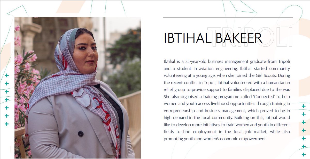 UKinLibya's tweet photo. .@UKinLibya with @PCI_Libya started #BADER campaign; a call for young Libyans to implement peace initiatives. Meet Ibtihal an emerging leader making a difference in Tripoli 🇱🇾 promoting peace & social cohesion. We’re proud to support such an inspiring change maker #GenderNovember https://t.co/s8vfHbSK46