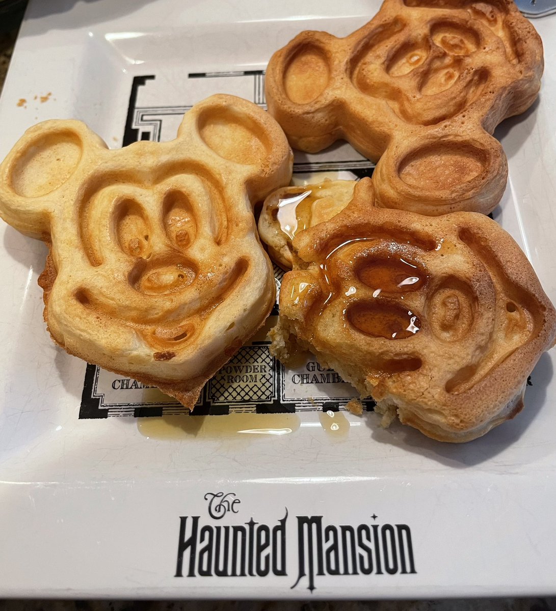 Feeling under the weather.. my bro made me homemade Mickey waffles on plates we got in Disney World (at the haunted mansion gift shop Lolol) 
It’s a Disney day! 🖤🖤🖤