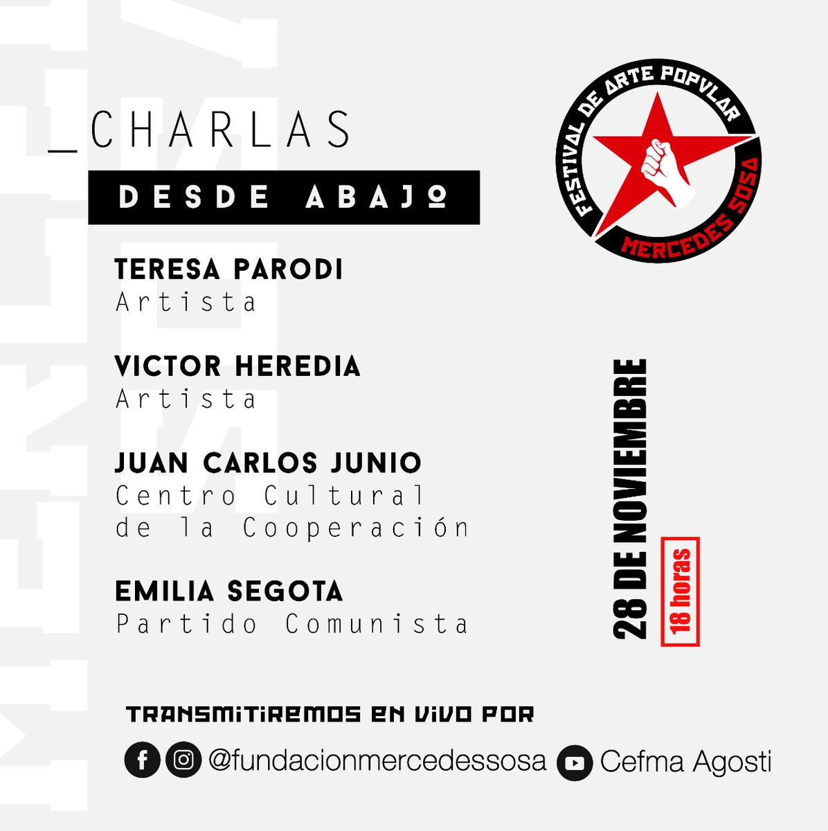 Fundación Mercedes Sosa (@hmsosaoficial) on Twitter photo Seguilo en vivo el próximo domingo 28/11 a las 18hs a través del canal de Youtube de <a href="/El_Cefma/">CEFMA Agosti</a> o en nuestra página de Facebook: facebook.com/FundacionMerce… Seguilo en vivo el próximo domingo 28/11 a las 18hs a través del canal de Youtube de <a href="/El_Cefma/">CEFMA Agosti</a> o en nuestra página de Facebook: facebook.com/FundacionMerce…