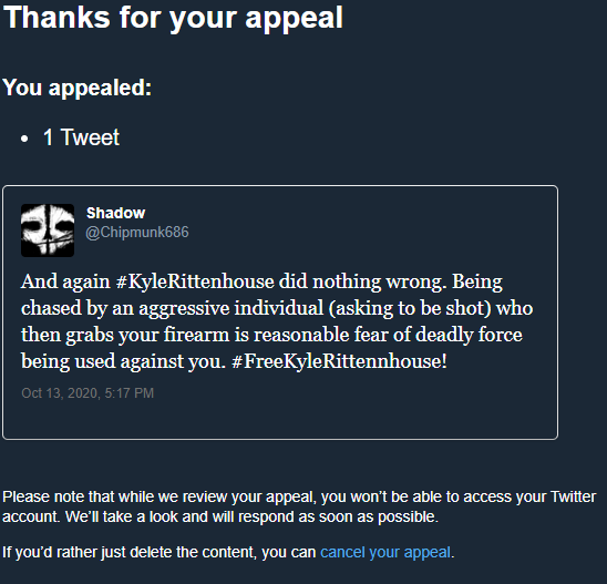 ChipmunkCraft's tweet photo. @Twitter @TwitterSupport has my account  @Chipmunk686 still suspended for supposedly "glorifying violence"
Oct 13th is post date, not suspension date. However, it has been suspended for months.

After todays verdict, care to explain Twitter?

@scrowder @Timcast @benshapiro https://t.co/bnTl4JGJDx