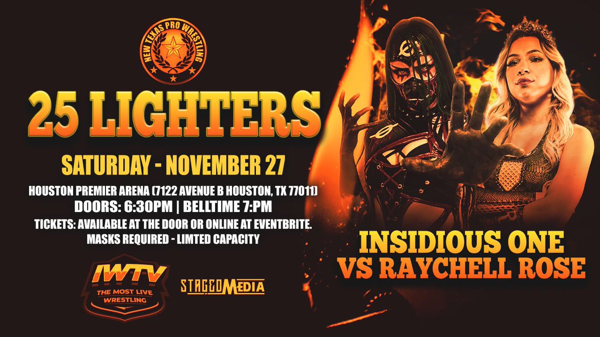 NewTexasPW's tweet photo. 🚨MATCH ANNOUNCEMENT🚨

@ItsRaychellRose v @InsidiousOne27 

“Queen of House Rose” takes on the The Insidious One in their in ring DEBUT with New Texas at #25Lighters! 

Tickets start at $11! Don’t Miss Out!
🎟: https://t.co/OfO5Vqanef https://t.co/nqHIcor0Lj
